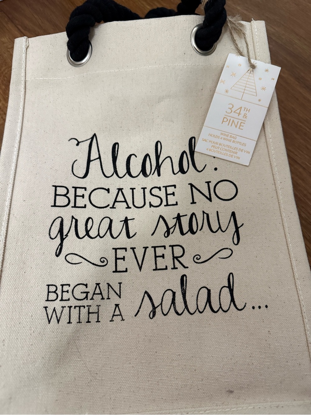 Cream Canvas Wine Tote with Black Rope Handles and Script